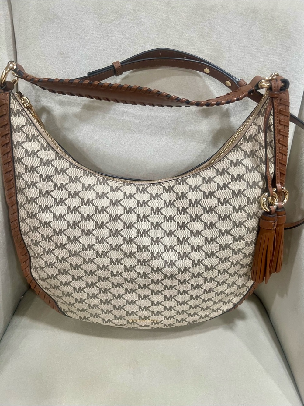 Michael Kors Cream & Brown MK Logo Hobo with Tassel